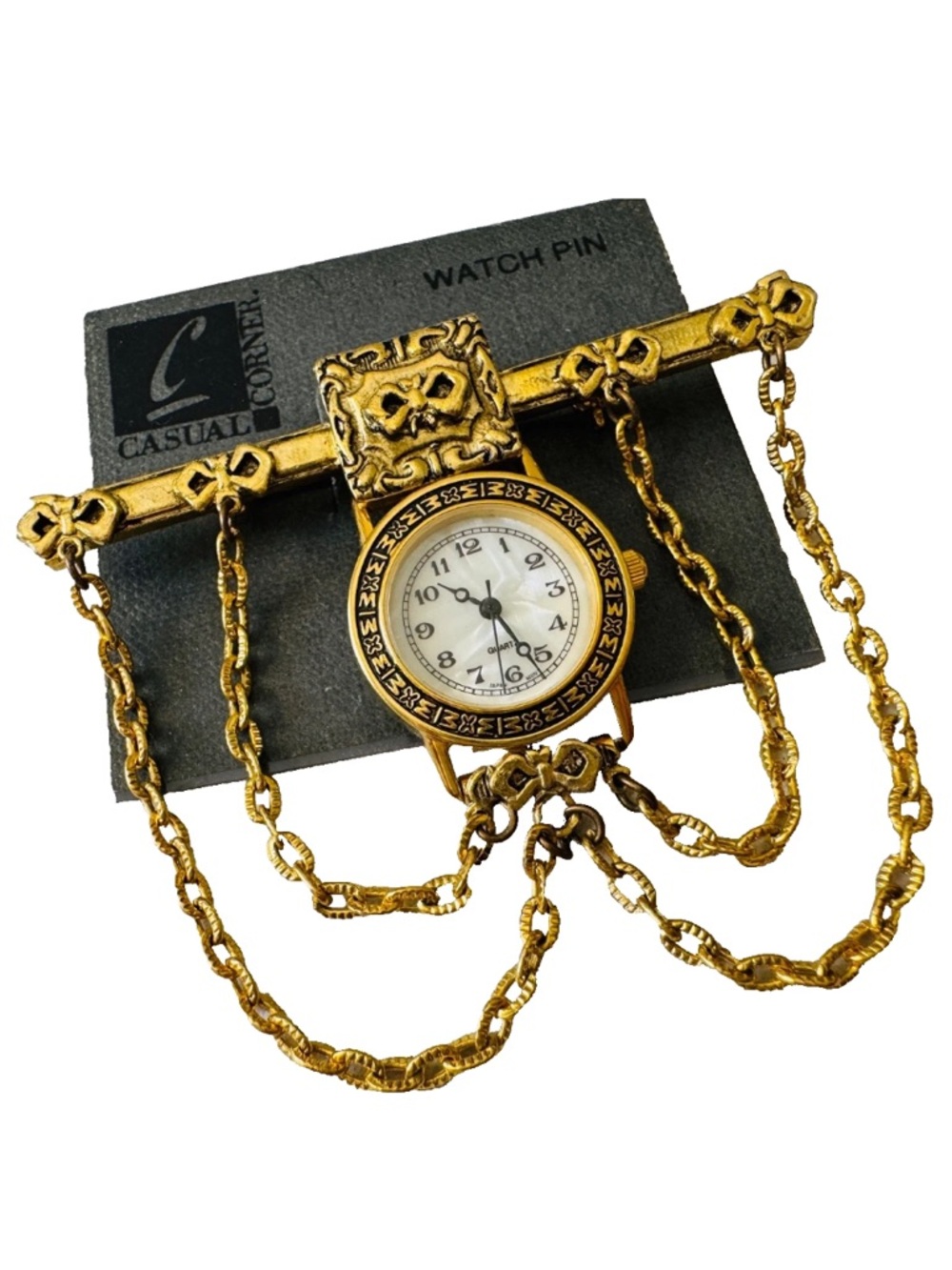 Vintage 1980s-90s CASUAL CORNER Watch Clock Bar Pin Brooch 3” On Original Card